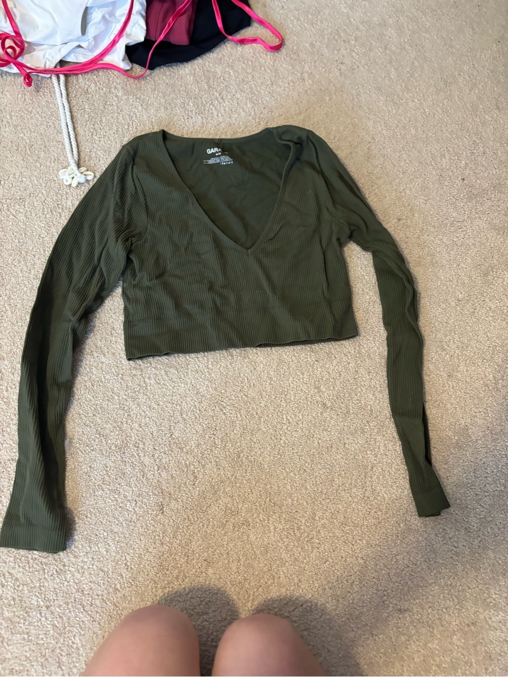 Garage Olive Ribbed V-Neck Long Sleeve Crop Top